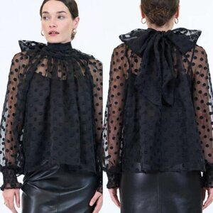 NWT Hunter Bell Camilla Smocked Cuffs High Neck Long Sleeve Top Black Size:Small